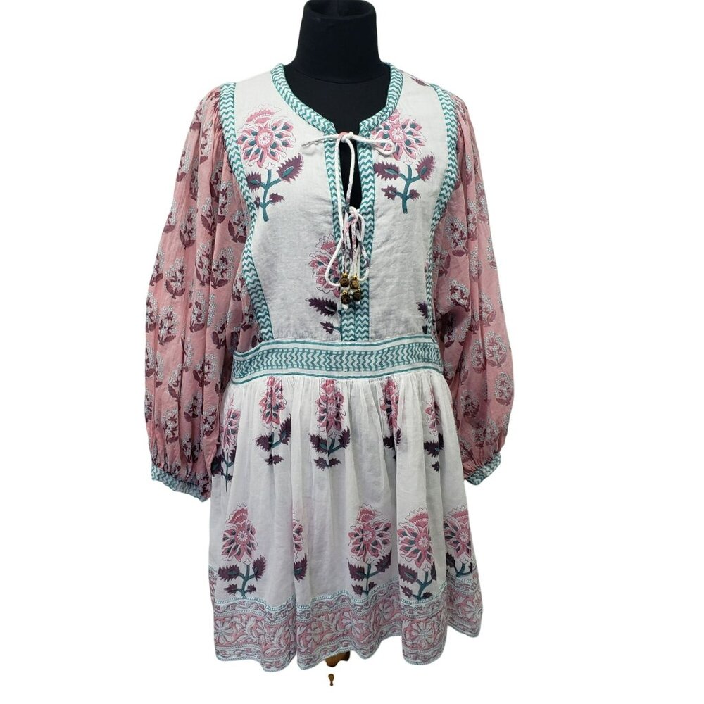 Oliphant Tie Front Balloon Sleeve Dress Pink Teal White Boho Block Print Floral - Picture 2 of 15